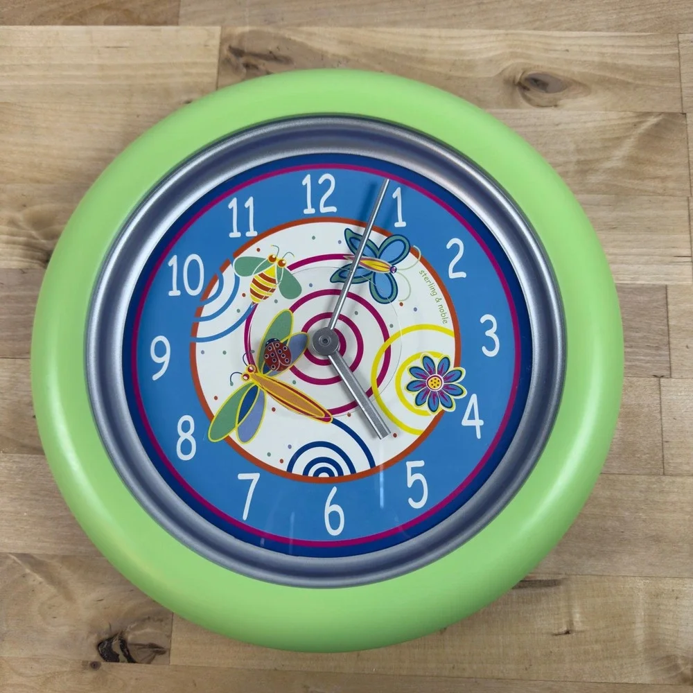 Sterling & Noble Wall Clock Lime Green Insect Bee Butterfly Kidcore Decor 10in